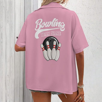 Custom Pink And Blue Vintage Bowling Hawaiian Shirt For Women, Custom Team Vintage Bowling Shirt BZ0019