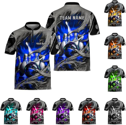 Custom Team Bowling Jerseys Shirt For Men Women, Custom Black And Blue Bowling Shirt BZ0003