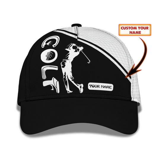 Golf Cap, Golf Personalized Name Ball Cap Gift For Golfers Black & White CA0384