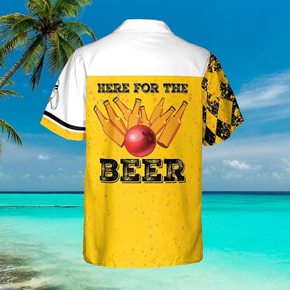 Custom Heer For The Beer Bowling Hawaiian Shirt For Men, Custom White And Yellow Beer Bowling Shirt BZ0159