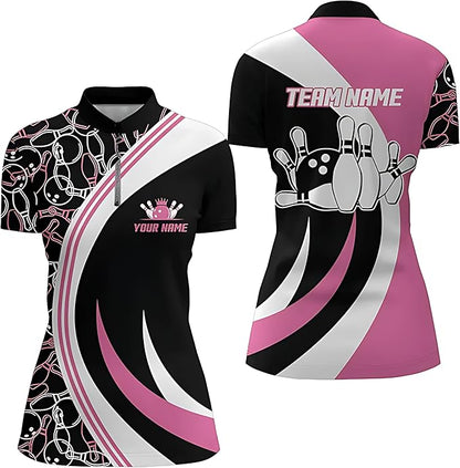 Custom Black And Pink Team Bowling Jersey Shirt For Women, Custom Team Bowling Shirt BZ0031