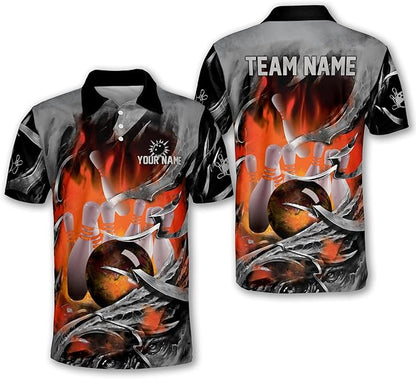 Custom Blue Flame Bowling Polo Shirt For Men, Custom Team Flame Bowling Shirt BM0286