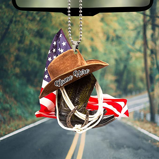 Personalized U.S Cowboy Hats And Boots Two-Sides Shaped Acrylic Ornament For Car, Car Hanging Ornaments OO0107