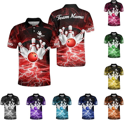 Custom Red Team Bowling Polo Shirt For Men, Custom Thunder Bowling Team Shirts  BZ0073