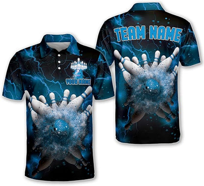 Custom Thunder Team Bowling Polo Shirt For Men, Custom Black And Blue Team Bowling Shirt BM0285