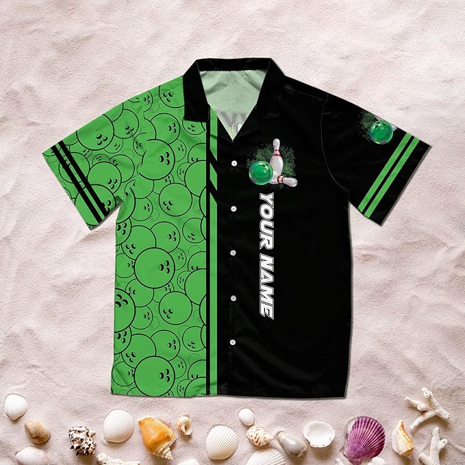 Custom Livin' On A Spare Bowling Hawaiian Shirt For Men And Women, Custom Funny Black And Green Bowling Shirt BZ0015