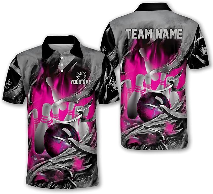 Custom Blue Flame Bowling Polo Shirt For Men, Custom Team Flame Bowling Shirt BM0286