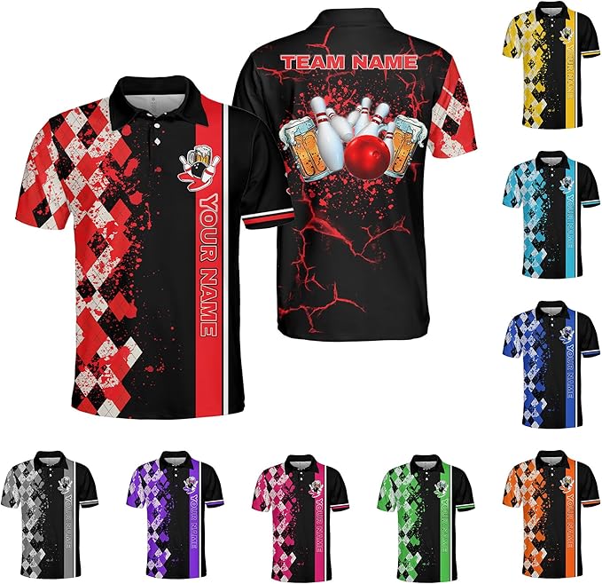 Custom Beer Bowling Polo Shirt For Men, Custom Black And Red Beer Bowling Team Shirts BZ0094