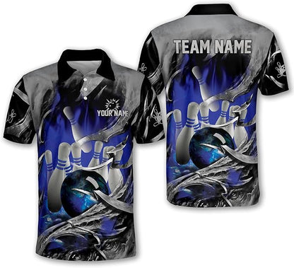 Custom Blue Flame Bowling Polo Shirt For Men, Custom Team Flame Bowling Shirt BM0286