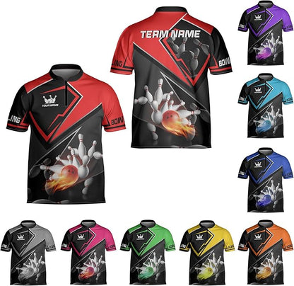 Custom Team Black And Red Bowling Jersey Shirt For Men Women, Custom Flame Ball Team Bowling Shirt BZ0032