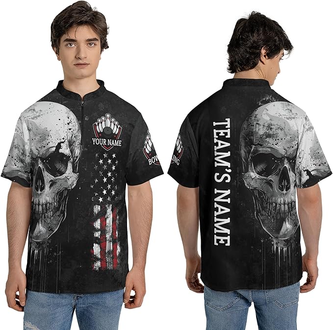 Custom Skull Bowling Jersey Shirt For Men, Custom Team Black Bowling Shirt Skull BZ0143