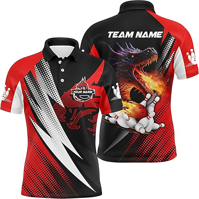 Custom Dragon Bowling Polo Shirt For Men, Custom Black And Red Dragon Bowling Team Shirts BZ0192