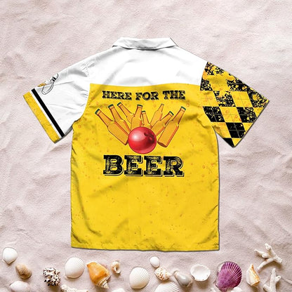 Custom Heer For The Beer Bowling Hawaiian Shirt For Men, Custom White And Yellow Beer Bowling Shirt BZ0159