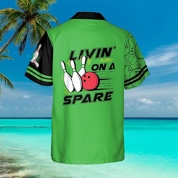 Custom Livin' On A Spare Bowling Hawaiian Shirt For Men And Women, Custom Funny Black And Green Bowling Shirt BZ0015