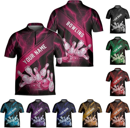 Custom Black And Pink Thunder Bowling Jersey Shirt For Men, Custom Bowling Shirt BZ0154