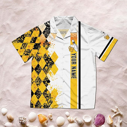 Custom Heer For The Beer Bowling Hawaiian Shirt For Men, Custom White And Yellow Beer Bowling Shirt BZ0159