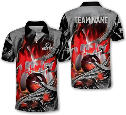 Custom Blue Flame Bowling Polo Shirt For Men, Custom Team Flame Bowling Shirt BM0286