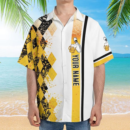 Custom Heer For The Beer Bowling Hawaiian Shirt For Men, Custom White And Yellow Beer Bowling Shirt BZ0159