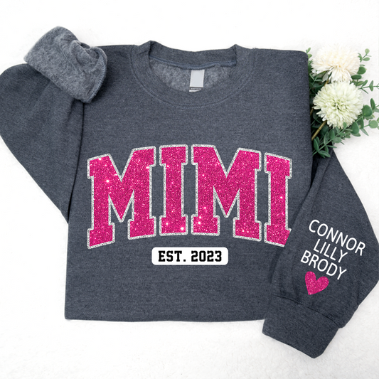 Personalized Name Mimi Pink Glitter Sweatshirt, Custom Mimi And Kids, Grandma Gift, Real Glitter Sweatshirt SO1111