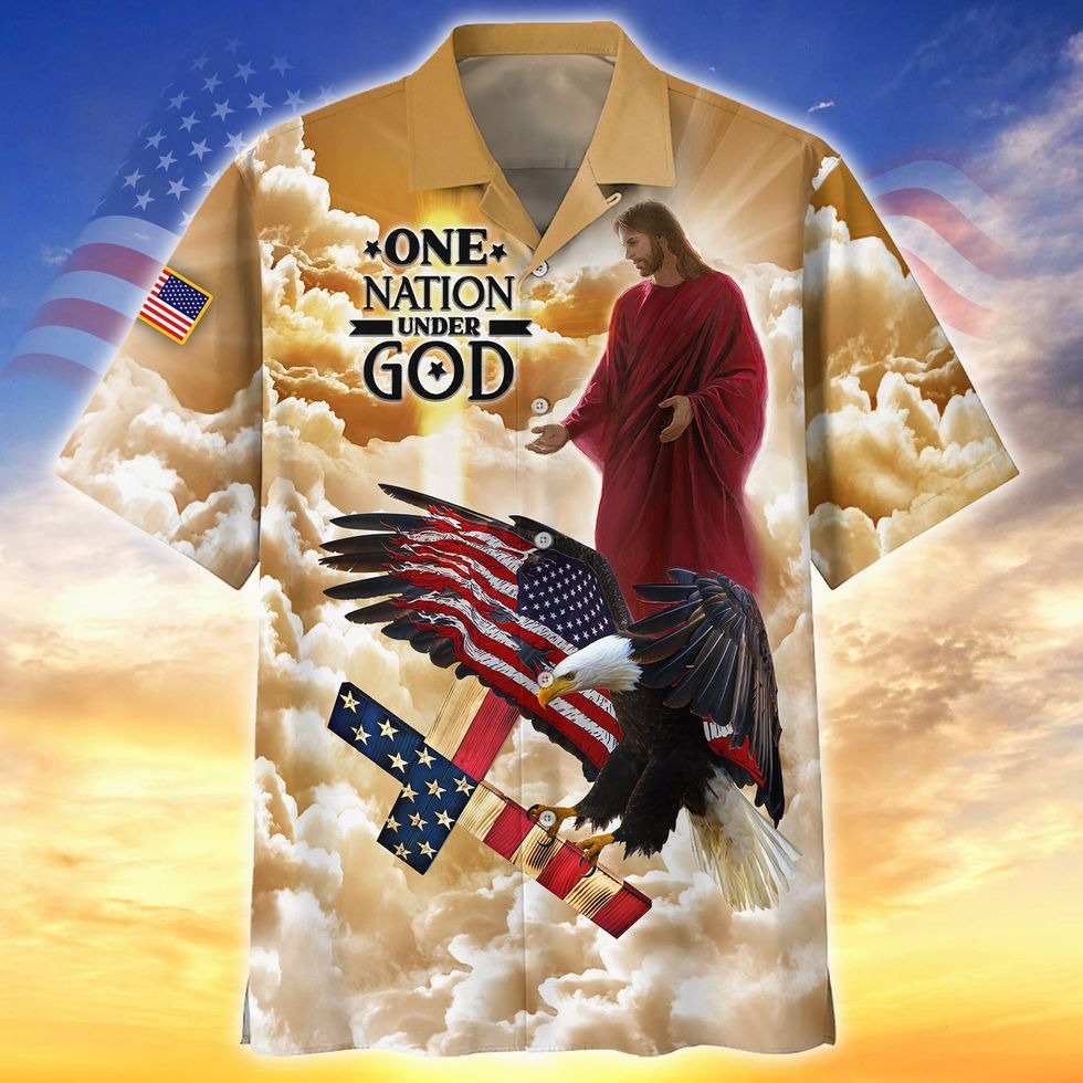 One Nation Under God 3D Full Printed Hawaiian Shirt For Summer, Patriotic 4Th Of Jul Hawaii Aloha Beach Shirt HO5034