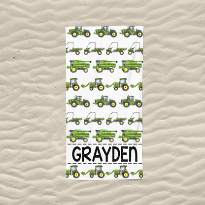 Personalized Lovely Kid Beach Towel - Green Tractor Towel - Tractor Party - Beach - Pool - Summer - Birthday - Vacation SO0251