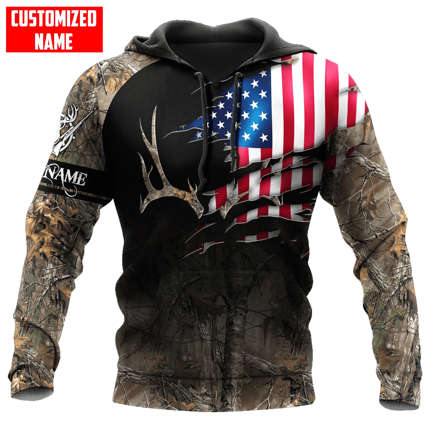 Custom Name American Hunting Hoodie, Deer Hunting Usa Flag Camo Pattern Hoodies SO0420