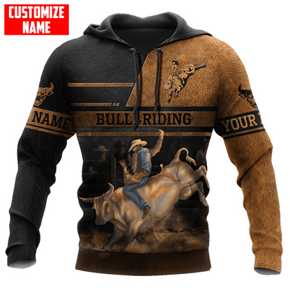 Personalized Bull Riding Brown Line Hoodie, 3D All Over Printed Leather Pattern Cowboy Hoodie SO0482