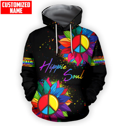 Personalized Name Hippie Sunflower Peace Sign, Colorful Hippie Soul Hoodie SO0448