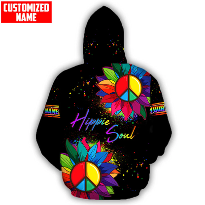 Personalized Name Hippie Sunflower Peace Sign, Colorful Hippie Soul Hoodie SO0448