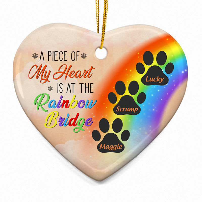 A Piece Of My Heart Is At The Rainbow Bridge - Dog Memorial Gift - Personalized Custom Heart Ceramic Ornament OW0001