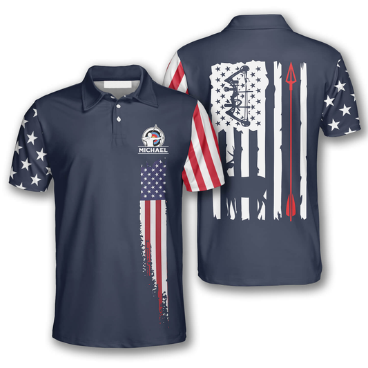 Navy American Flag Custom Archery Shirts for Men, Archery Flag American Polo Shirt, Uniform for Archery Player AO0068