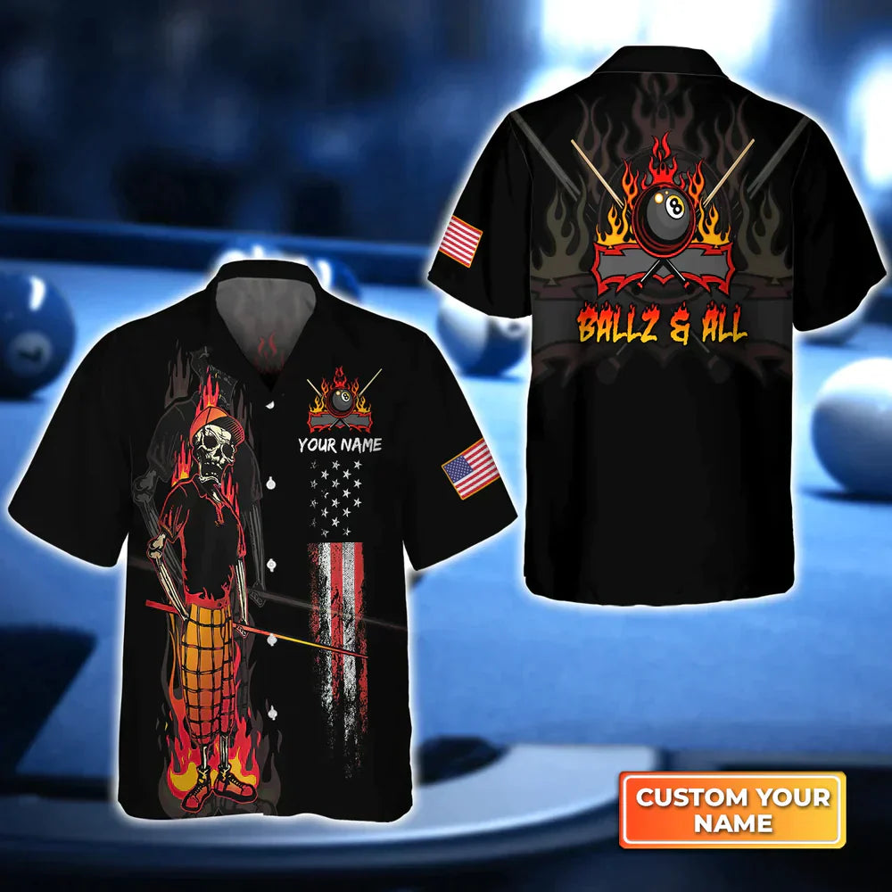 BALLZ & ALL Team Bones 8 Ball American Flag Billiards Personalized Name 3D Hawaiian Shirt, Gift For Billiard Players HO4151