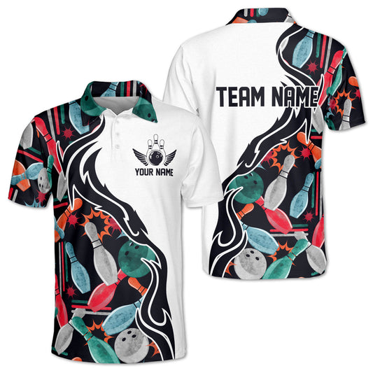 Custom Team White Pattern Colorful Bowling Polo Shirt For Men, Custom Team Bowling Shirt BM0301