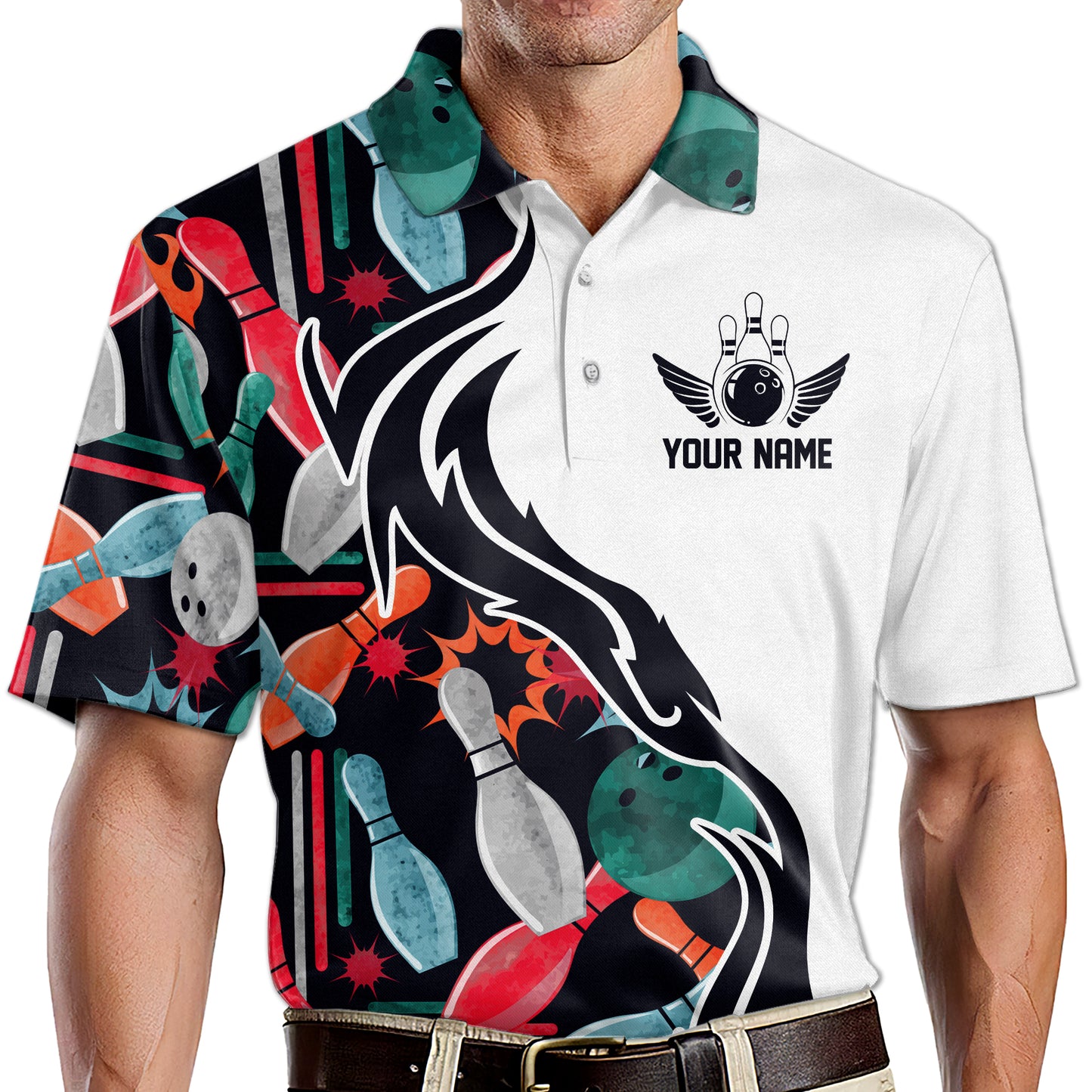 Custom Team White Pattern Colorful Bowling Polo Shirt For Men, Custom Team Bowling Shirt BM0301