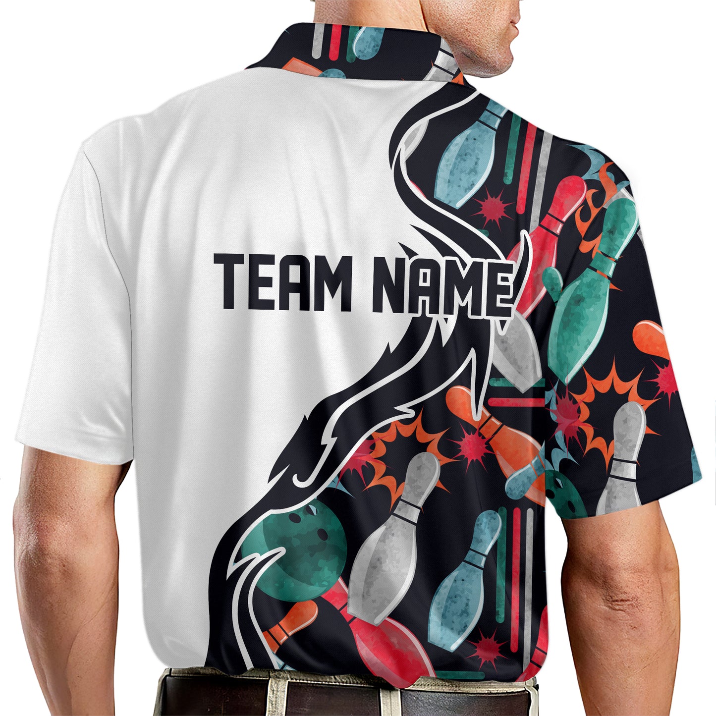 Custom Team White Pattern Colorful Bowling Polo Shirt For Men, Custom Team Bowling Shirt BM0301