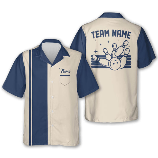 Custom Vintage Bowling Hawaiian Shirt For Men, Custom Team Vintage Blue Bowling Shirt BE0008