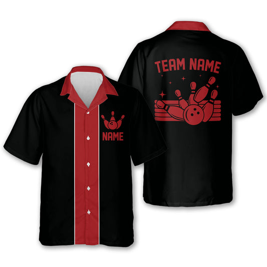 Custom Vintage Bowling Hawaiian Shirt For Men, Custom Black And Red Vintage Bowling Team Shirt BE0011