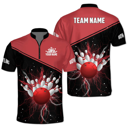 Custom Team Black And Red Bowling Ball And Pins Jersey Shirt For Men, Custom Team Bowling Shirt BE0013