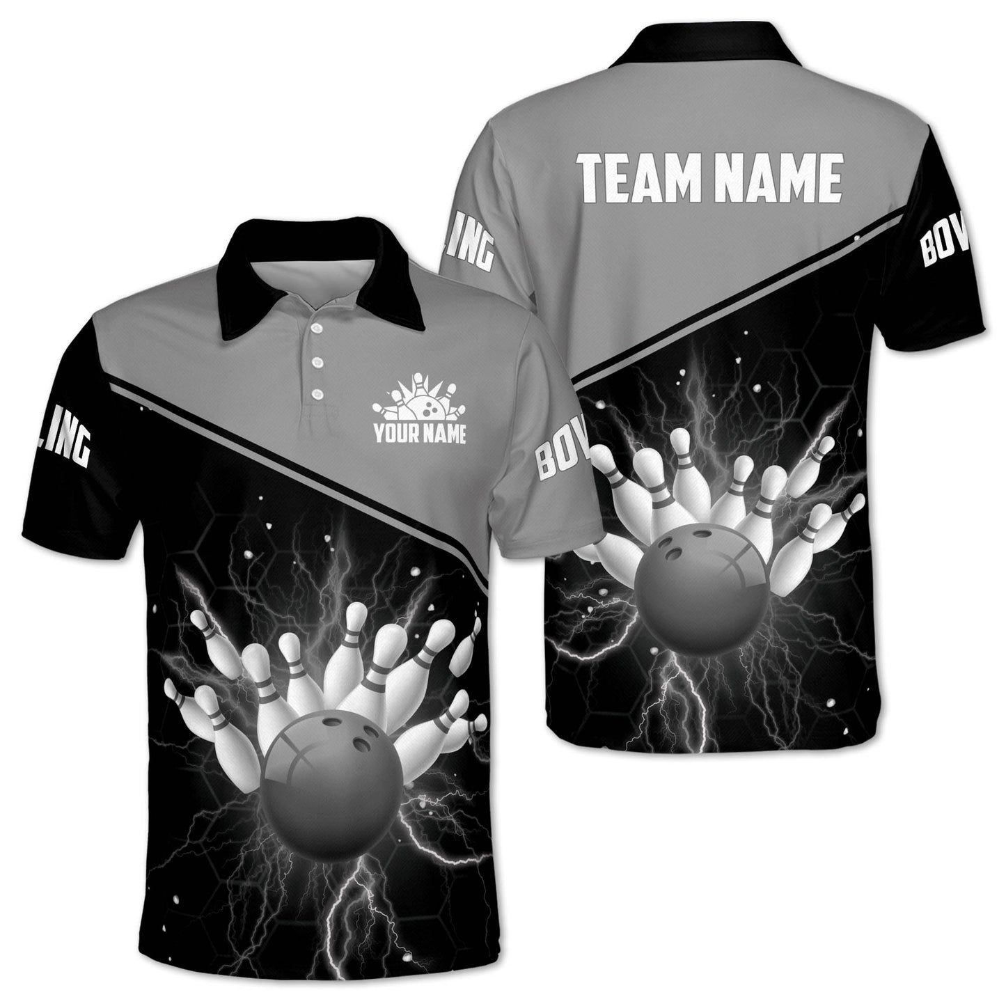 Custom Team Black And Red Bowling Ball And Pins Polo Shirt For Men, Custom Team Bowling Shirt BM0300