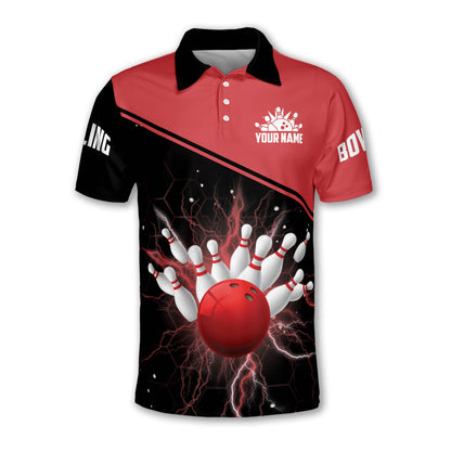 Custom Team Black And Red Bowling Ball And Pins Polo Shirt For Men, Custom Team Bowling Shirt BM0300