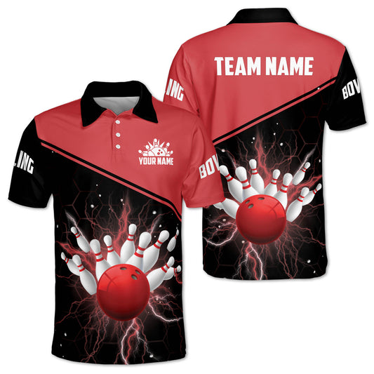 Custom Team Black And Red Bowling Ball And Pins Polo Shirt For Men, Custom Team Bowling Shirt BM0300