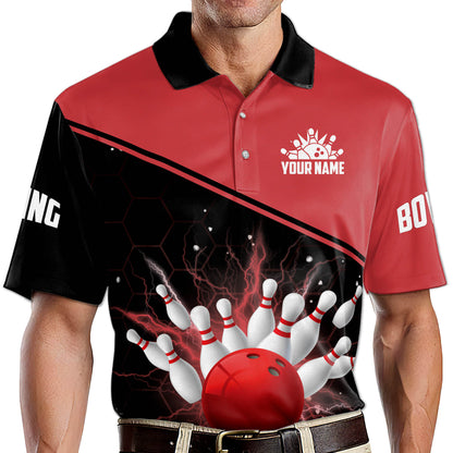 Custom Team Black And Red Bowling Ball And Pins Polo Shirt For Men, Custom Team Bowling Shirt BM0300