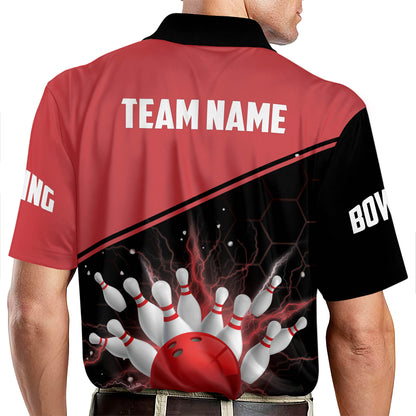 Custom Team Black And Red Bowling Ball And Pins Polo Shirt For Men, Custom Team Bowling Shirt BM0300