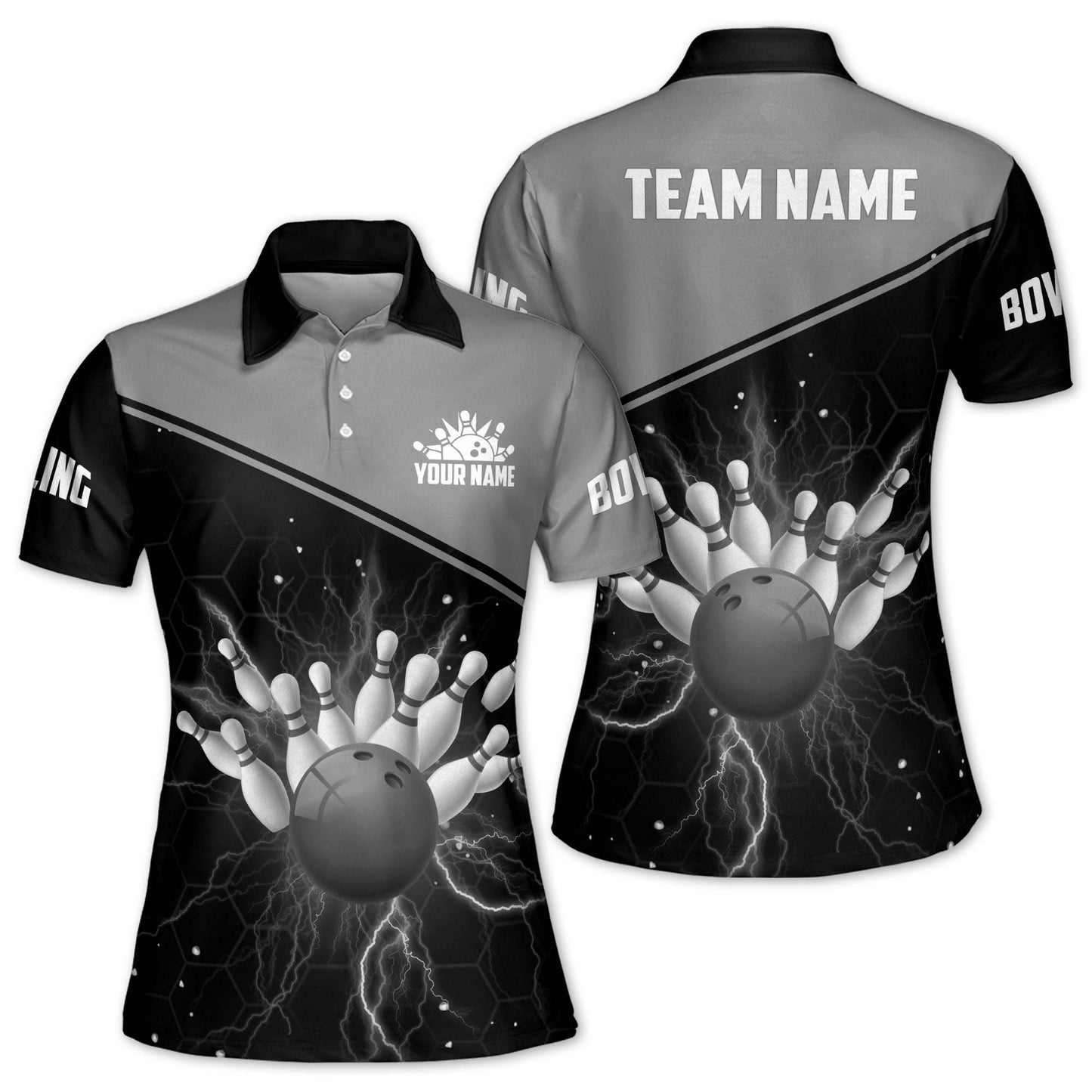 Custom Women Bowling Shirts, Custom Team Women Bowling Shirt, Custom Black And Red Bowling Ball And Pins Polo Shirt For Women BW0149