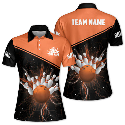 Custom Women Bowling Shirts, Custom Team Women Bowling Shirt, Custom Black And Red Bowling Ball And Pins Polo Shirt For Women BW0149