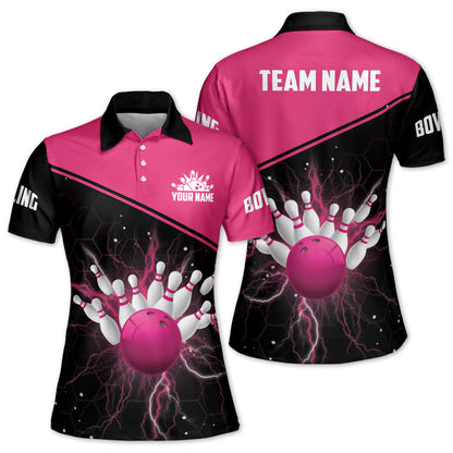 Custom Women Bowling Shirts, Custom Team Women Bowling Shirt, Custom Black And Red Bowling Ball And Pins Polo Shirt For Women BW0149