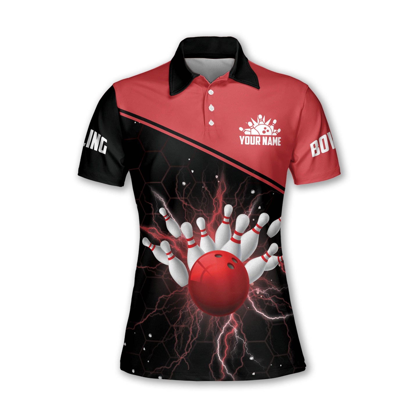 Custom Women Bowling Shirts, Custom Team Women Bowling Shirt, Custom Black And Red Bowling Ball And Pins Polo Shirt For Women BW0149