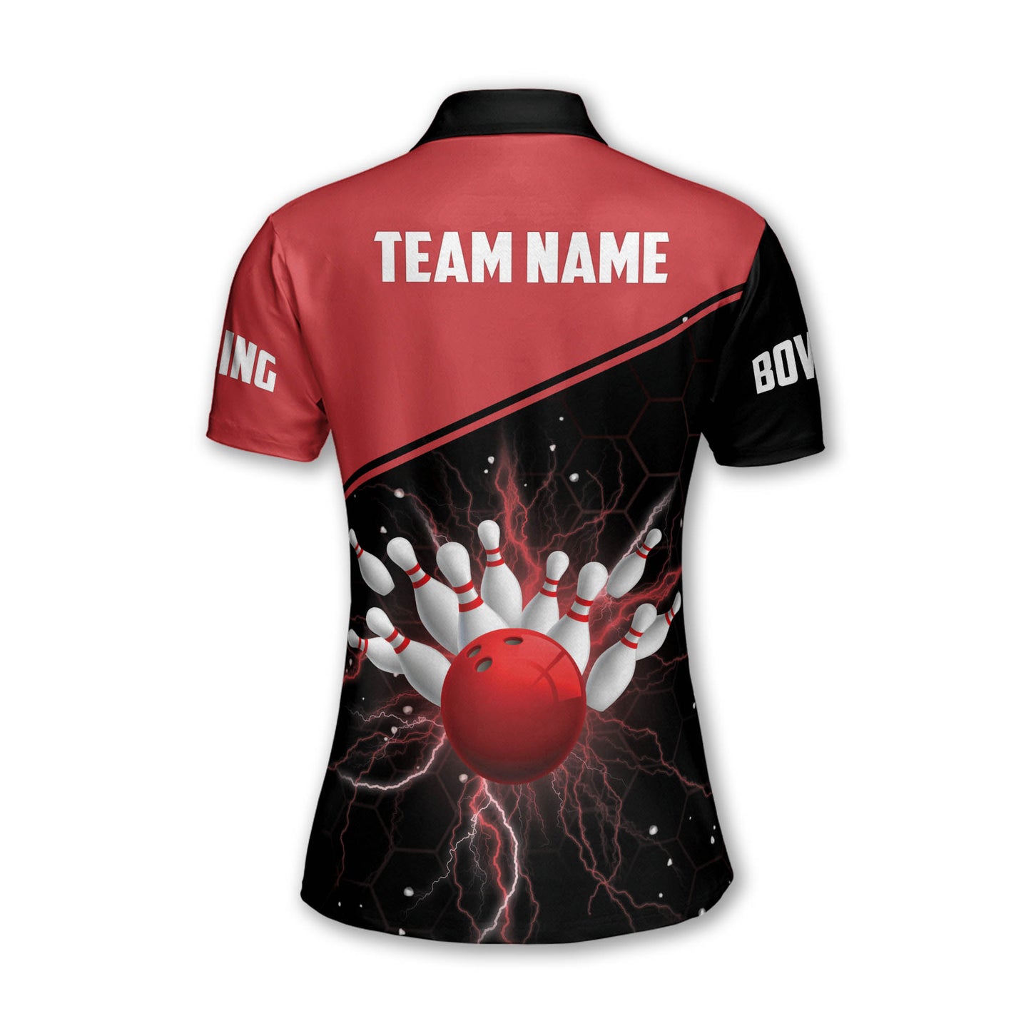 Custom Women Bowling Shirts, Custom Team Women Bowling Shirt, Custom Black And Red Bowling Ball And Pins Polo Shirt For Women BW0149