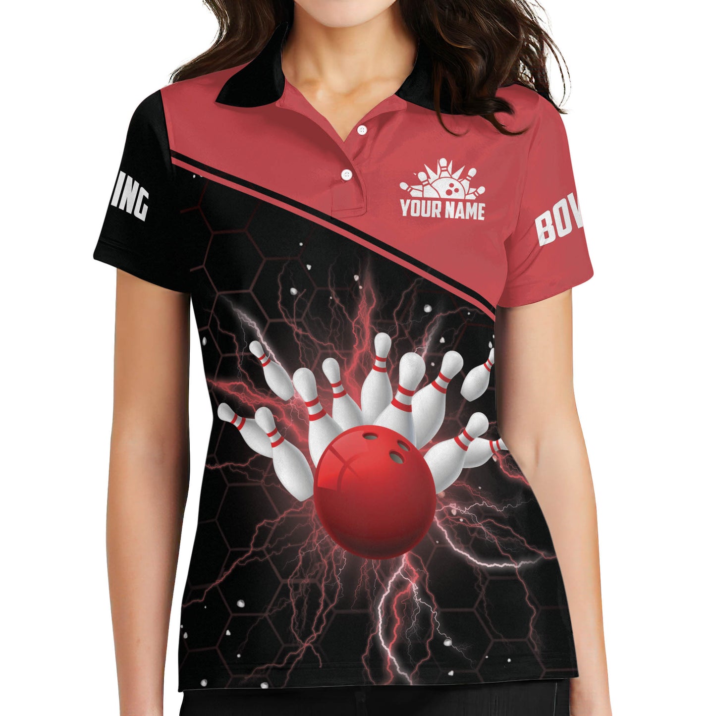 Custom Women Bowling Shirts, Custom Team Women Bowling Shirt, Custom Black And Red Bowling Ball And Pins Polo Shirt For Women BW0149