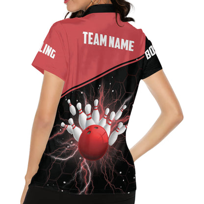 Custom Women Bowling Shirts, Custom Team Women Bowling Shirt, Custom Black And Red Bowling Ball And Pins Polo Shirt For Women BW0149